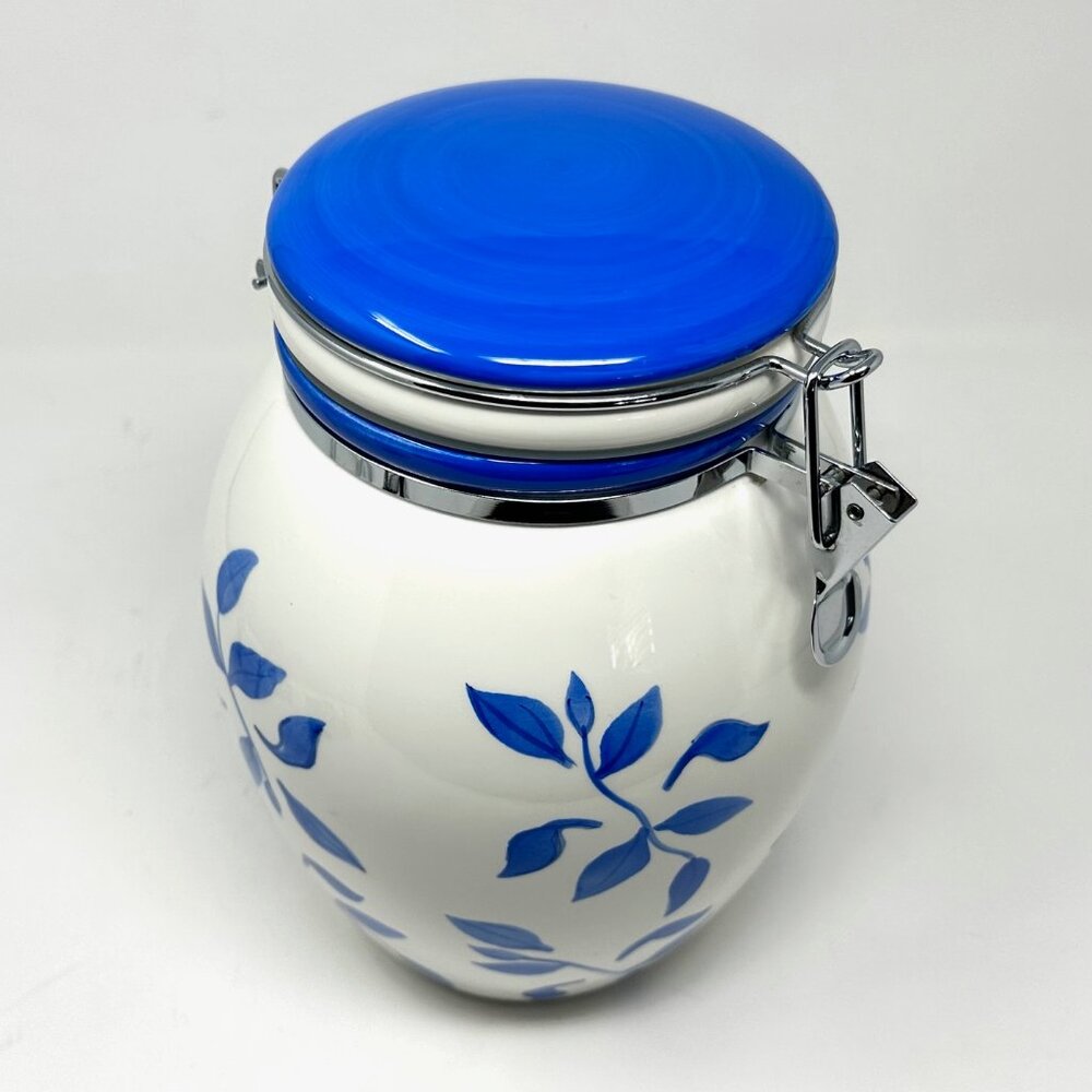 Inspirado IDC Stonelite Cookie Jar Canister Blue Leaves Attached Lid Pretty!